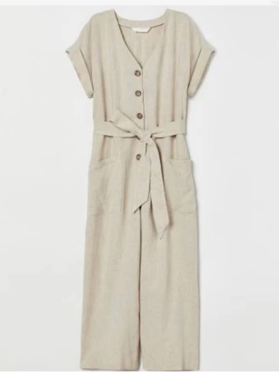 H&M Pants - H&M Beige Button-Front Linen Jumpsuit with Tie Belt
